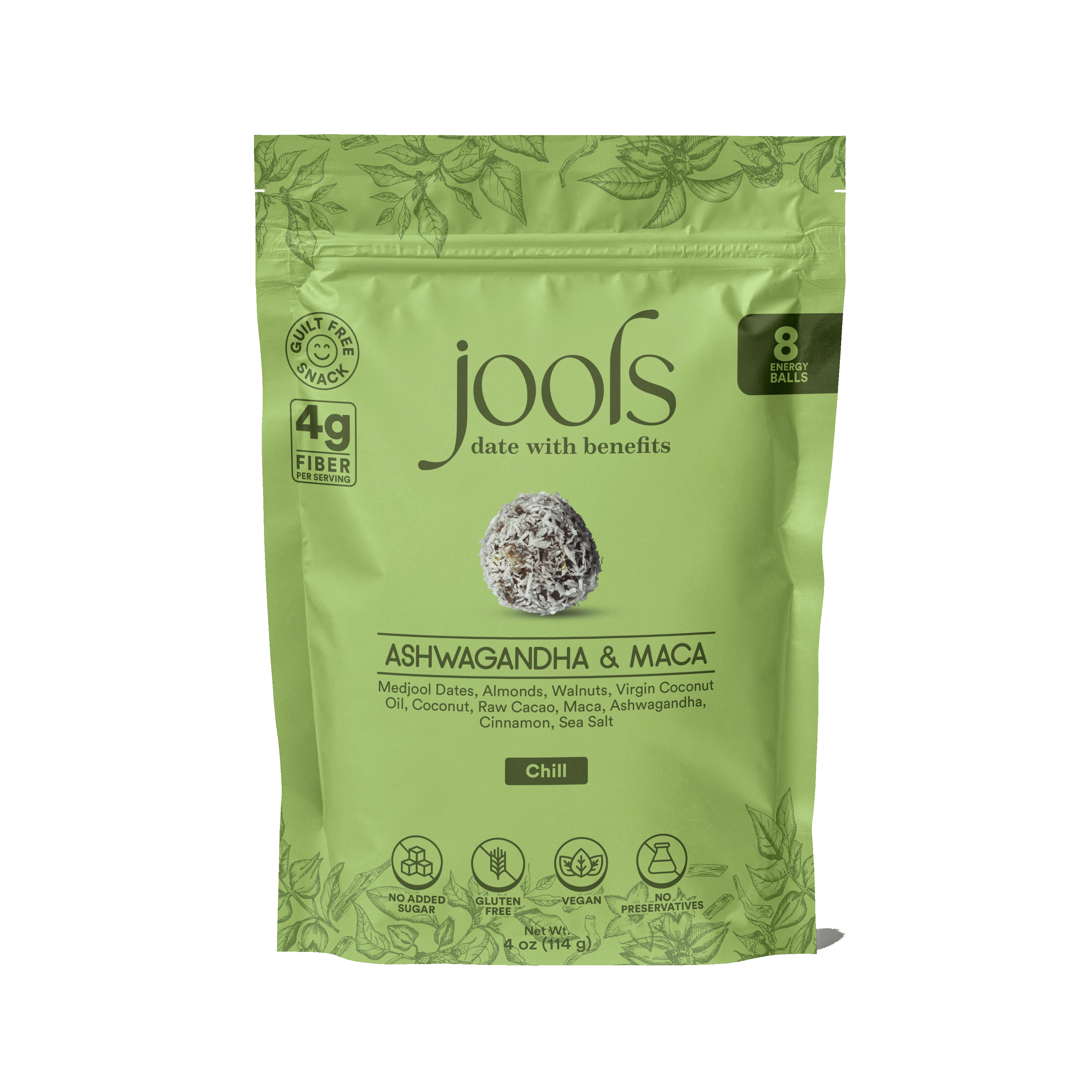 Green package of jools with Ashwagandha & Maca on a white background