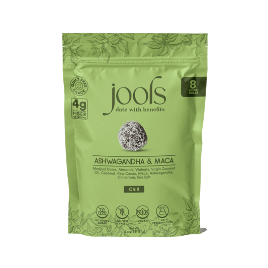 Green package of jools with Ashwagandha & Maca on a white background
