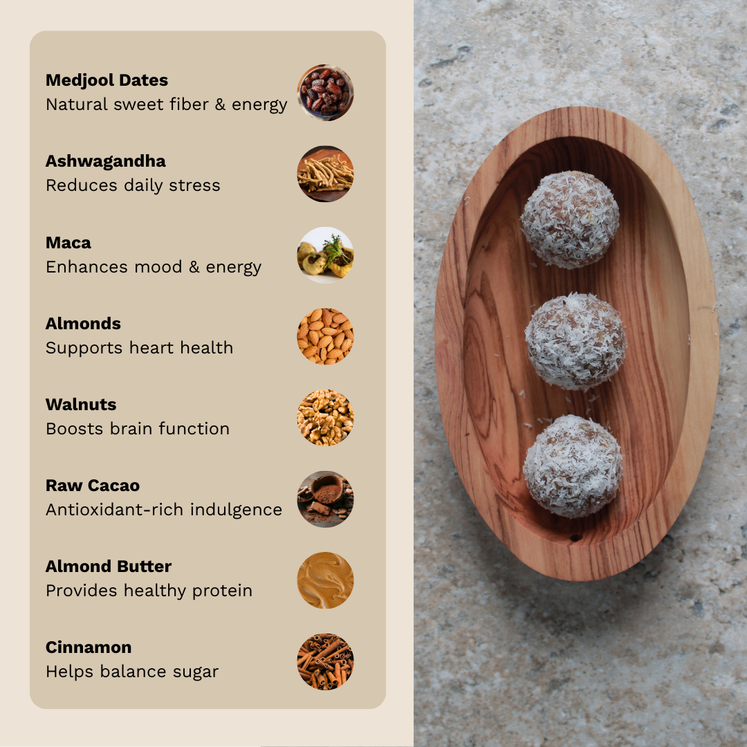 Wooden bowl with energy balls and a list of ingredients on the left.